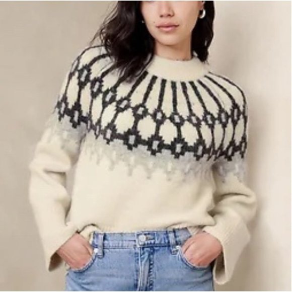 Banana Republic Factory Fair Isle Mock-Neck Sweater Women's Size M Alpaca Wool - Picture 2 of 10